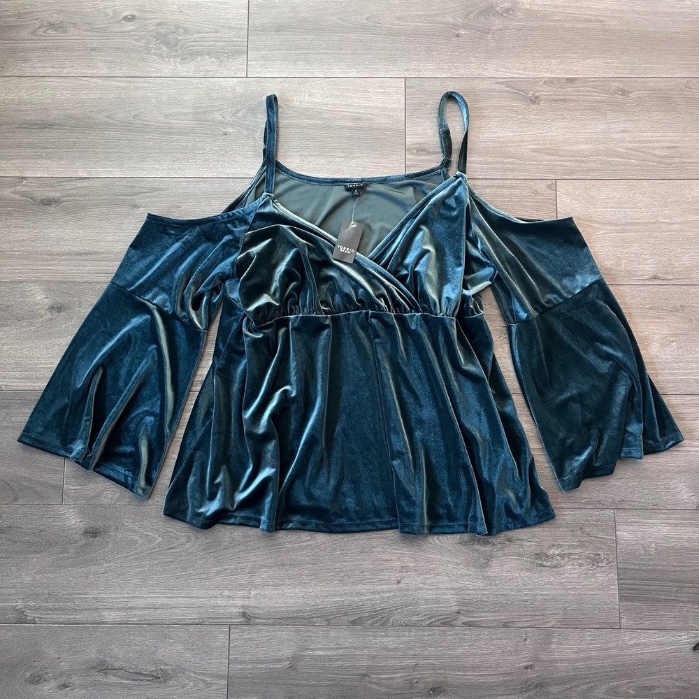 Torrid Teal Velvet Cold Shoulder Bell Sleeve Top Surplice Empire Waist 4 NEW